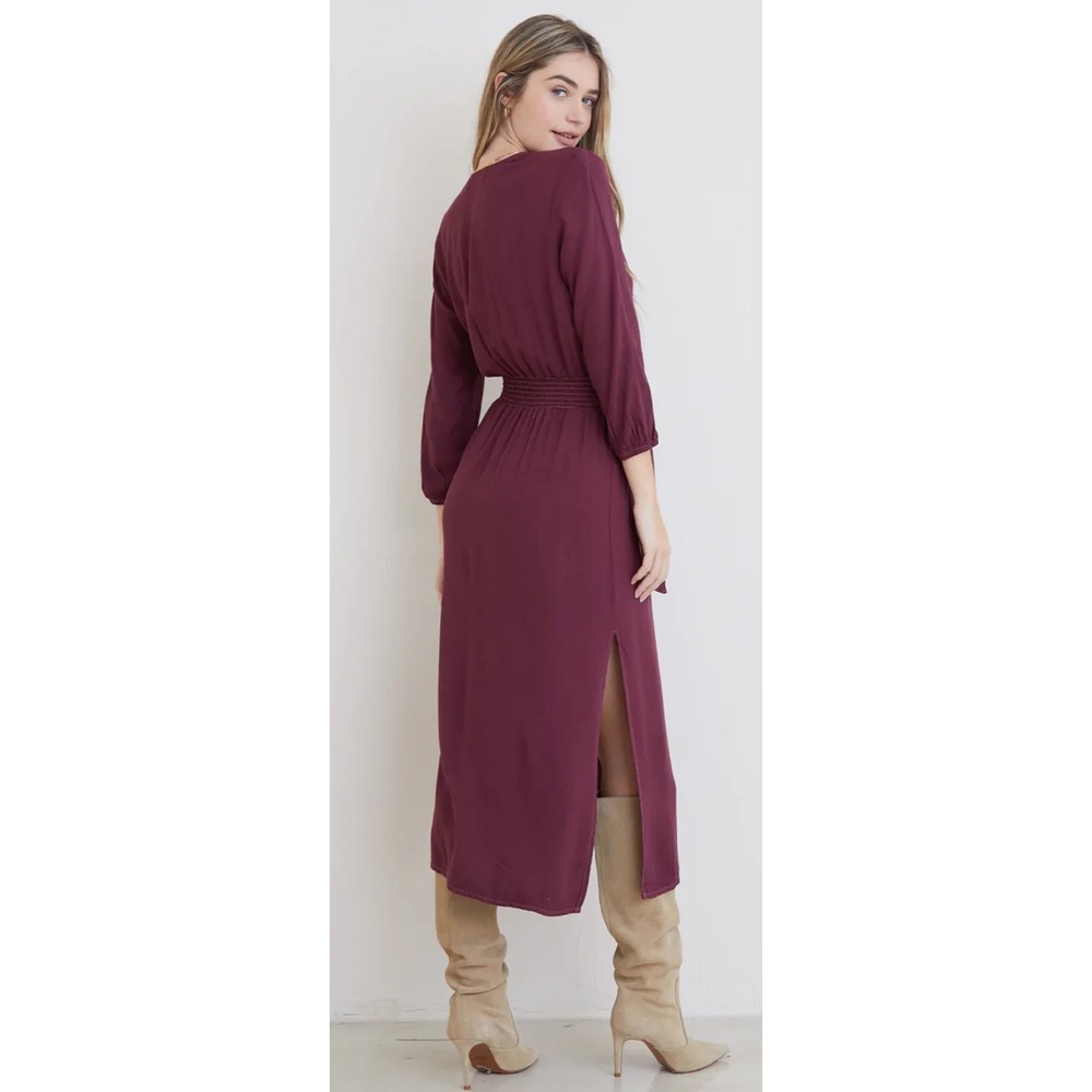 Bella Dahl Burgundy Rayon‎ Wrap Midi Dress B6108-533-302 Large